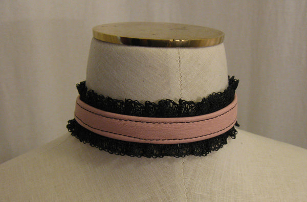 Pink Leather and Black Lace Choker