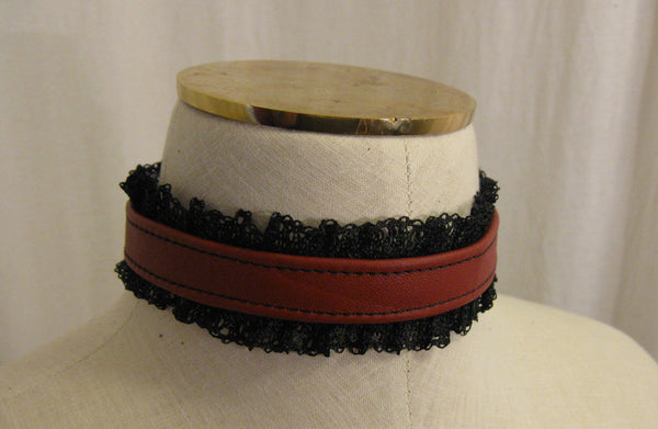 Red Leather and Black Lace Choker