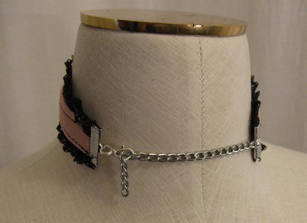 Pink Leather and Black Lace Choker