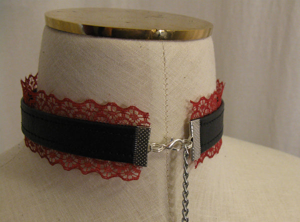 Red Leather and Black Lace Choker