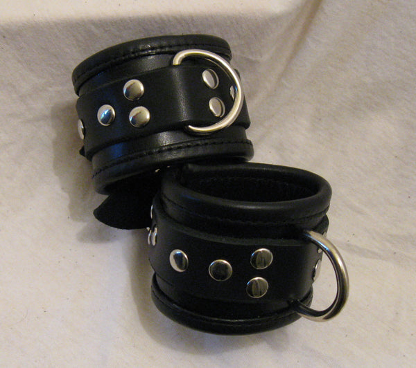 2" Wide Leather Lined Wrist Cuffs with Steel D ring and 1" Strap