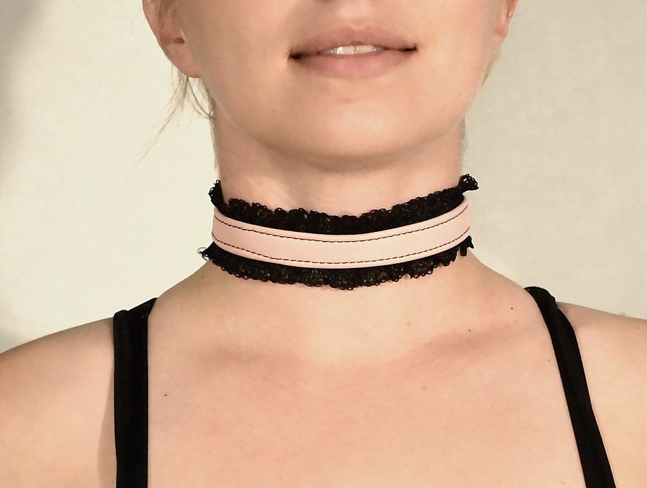 Pink Leather and Black Lace Choker