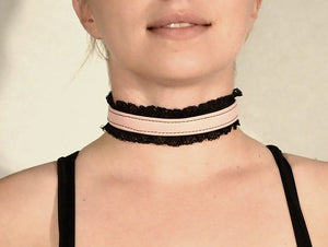 Pink Leather and Black Lace Choker