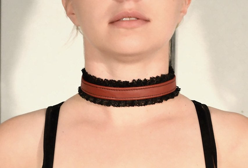 Red Leather and Black Lace Choker