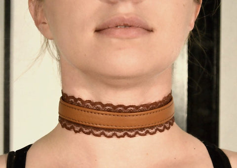 Brown Leather and Lace Steampunk style Choker