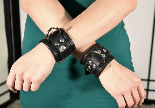 2" Wide Leather Lined Wrist Cuffs with Steel D ring and 1" Strap