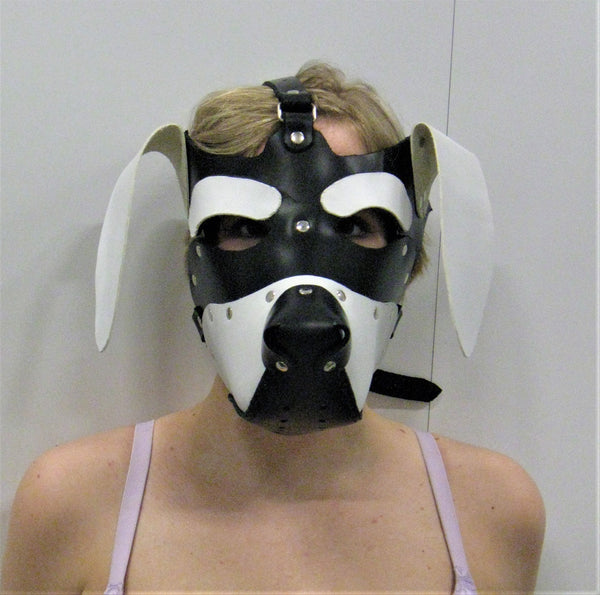 White and Black Hand Made Leather Floppy-Eared Puppy Hood