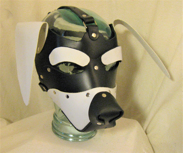 White and Black Hand Made Leather Floppy-Eared Puppy Hood