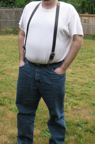 Handmade Black Leather Fully Adjustable Suspenders - 1" Wide